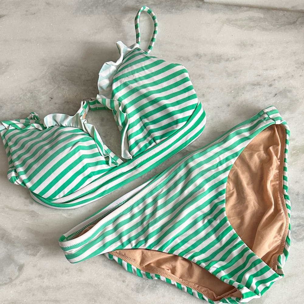 J. Crew Green and White Striped Bikini